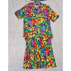 Carol Anderson Skirt Blouse L 12 / 14 Dress Suit Foral Hawaiian Vtg 90s Cruise